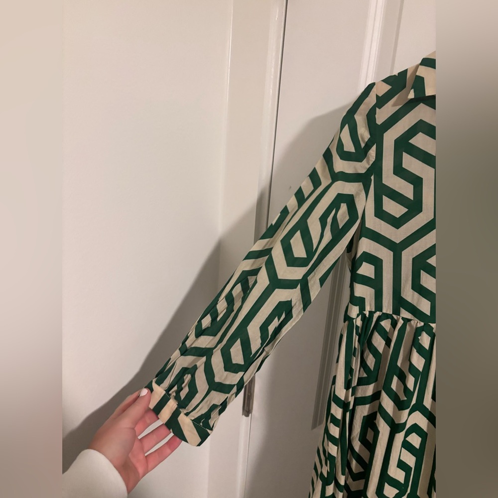 ZARA Green Geometric Print Midi Dress Bloggers Favorite Cotton Tiered Size Small - Picture 10 of 14